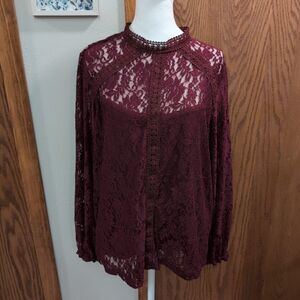 CABLE & GAUGE Women's Sz 1X Maroon Wine Lace Long Sleeve Blouse Romantic Wedding